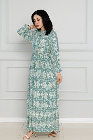Şal Desen Beli Tünelli Viscon Elbise-Mint Yeşili