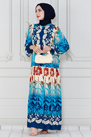 Yaprak Baskılı Viscon Elbise-İndigo