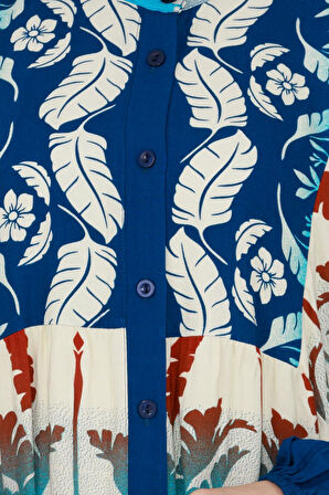 Yaprak Baskılı Viscon Elbise-İndigo