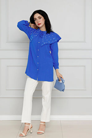 Geniş Yaka İncili Tunik-Mavi