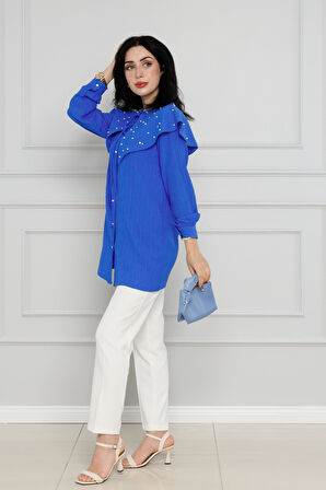Geniş Yaka İncili Tunik-Mavi