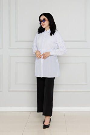 Kolu Fırfır Taşlı Tunik-Beyaz