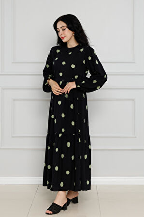 Puantiyeli Kuşaklı Eylül Elbise-Haki