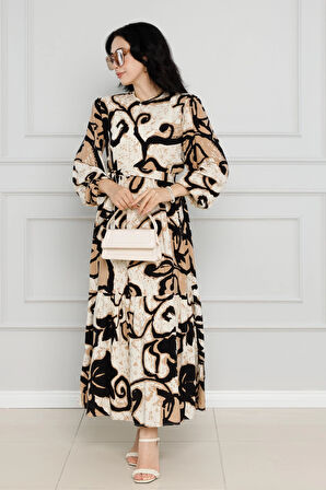 Çiçekli kuşaklı Viscon Elbise-VİZON