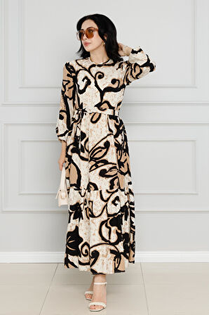 Çiçekli kuşaklı Viscon Elbise-VİZON