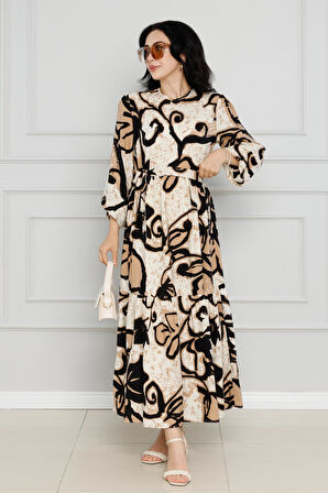 Çiçekli kuşaklı Viscon Elbise-VİZON