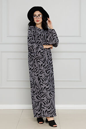 Robalı Baskılı Karin Elbise-Gri