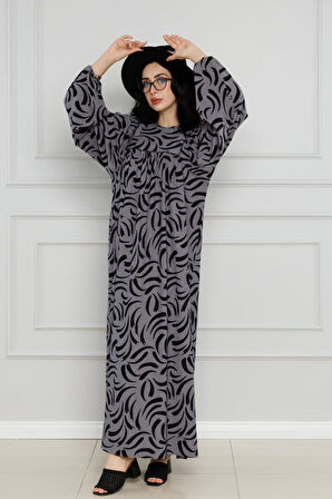 Robalı Baskılı Karin Elbise-Gri