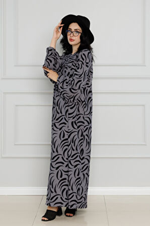 Robalı Baskılı Karin Elbise-Gri