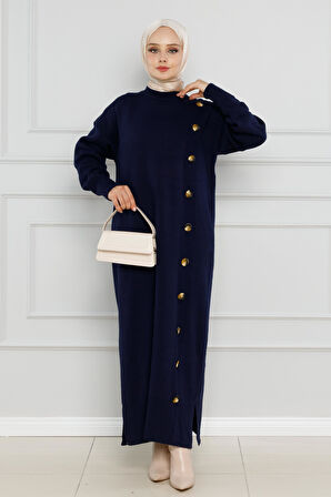 Düğme Detaylı Triko Elbise-Lacivert