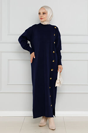 Düğme Detaylı Triko Elbise-Lacivert