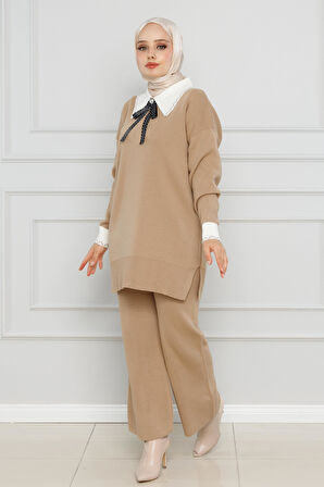 Yakası Fiyonk Detaylı Triko Takım-Sütlü Kahve