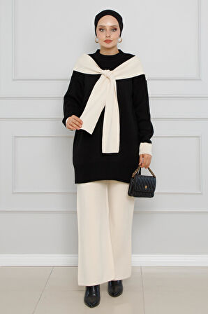 Atkı Detaylı Triko Takım-Siyah