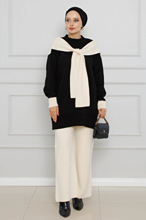 Atkı Detaylı Triko Takım-Siyah