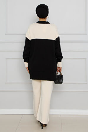 Atkı Detaylı Triko Takım-Siyah