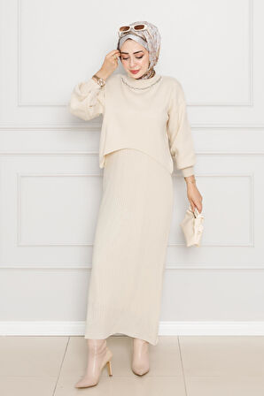 İnci Detaylı Croplu Triko Elbise-Bej