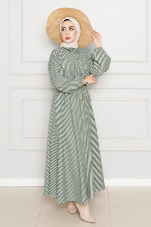 Boydan Düğmeli Çizgili Elbise-Haki
