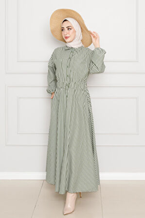 Boydan Düğmeli Çizgili Elbise-Haki