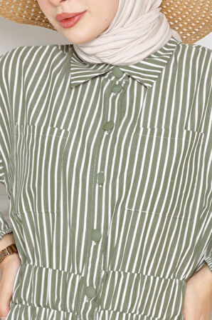 Boydan Düğmeli Çizgili Elbise-Haki