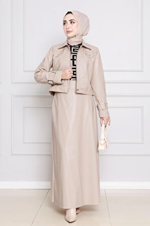 Ceketli Deri Takım-Bej