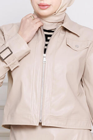 Ceketli Deri Takım-Bej