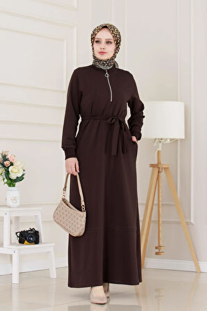 Önü Fermuar Detaylı İki İplik Elbise-Kahverengi
