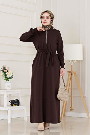 Önü Fermuar Detaylı İki İplik Elbise-Kahverengi