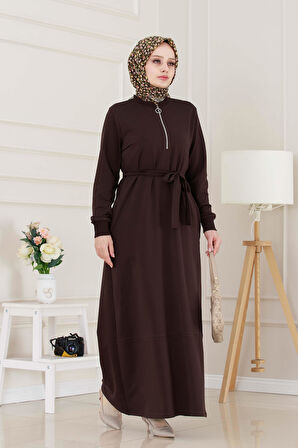 Önü Fermuar Detaylı İki İplik Elbise-Kahverengi