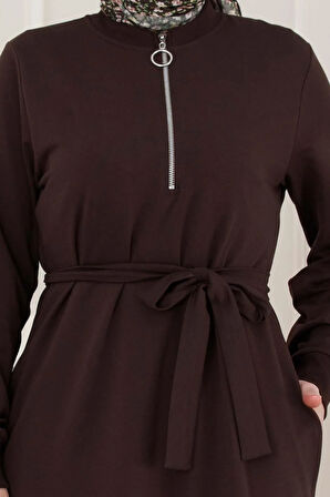 Önü Fermuar Detaylı İki İplik Elbise-Kahverengi