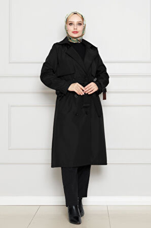 Kolu Kemer Detaylı Trençkot-Siyah