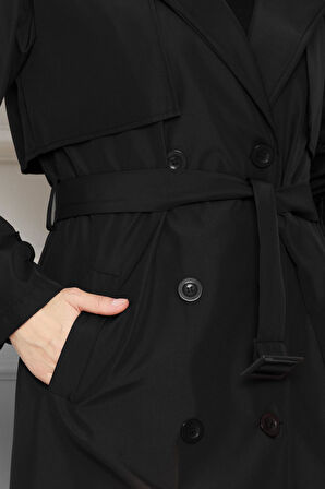 Kolu Kemer Detaylı Trençkot-Siyah