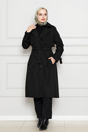 Kolu Kemer Detaylı Trençkot-Siyah