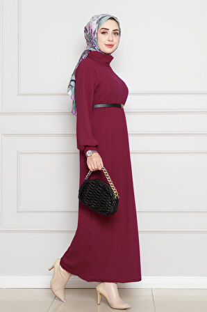 Balıkçı Yaka Kemerli Elbise-Bordo
