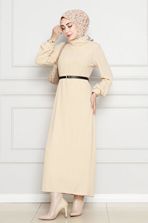 Balıkçı Yaka Kemerli Elbise-Bej