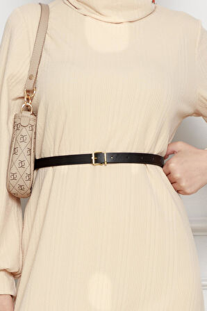 Balıkçı Yaka Kemerli Elbise-Bej