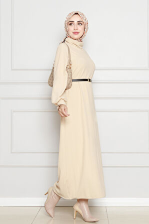 Balıkçı Yaka Kemerli Elbise-Bej