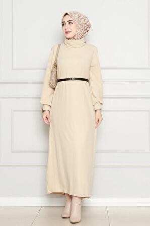 Balıkçı Yaka Kemerli Elbise-Bej