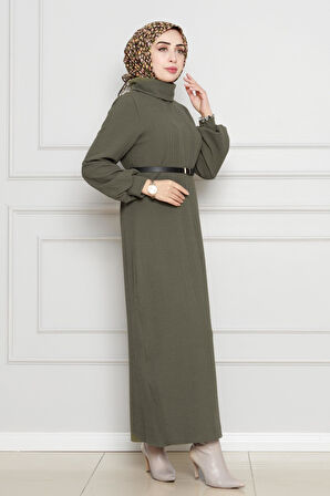 Balıkçı Yaka Kemerli Elbise-Haki
