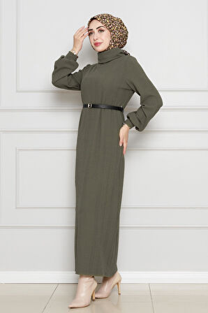Balıkçı Yaka Kemerli Elbise-Haki
