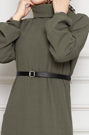 Balıkçı Yaka Kemerli Elbise-Haki