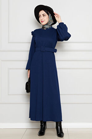Omuzu Fırfır Kemerli Elbise-Lacivert