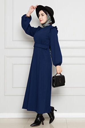 Omuzu Fırfır Kemerli Elbise-Lacivert