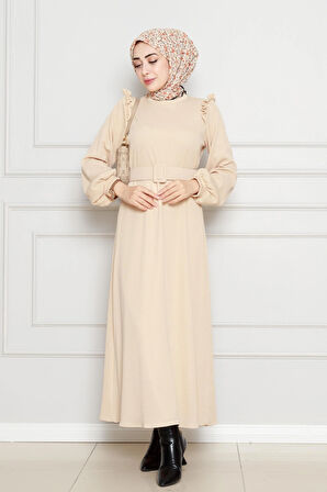 Omuzu Fırfır Kemerli Elbise-Bej