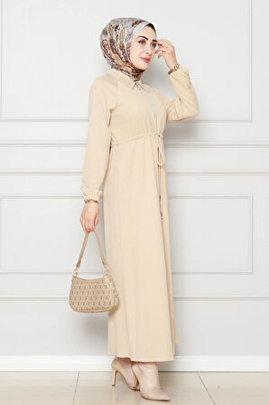 Omuzu Fırfır Kemerli Elbise-Bej