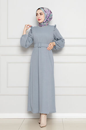 Omuzu Fırfır Kemerli Elbise-Gri