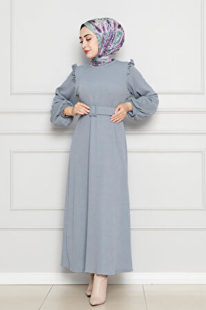Omuzu Fırfır Kemerli Elbise-Gri