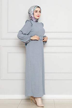 Omuzu Fırfır Kemerli Elbise-Gri