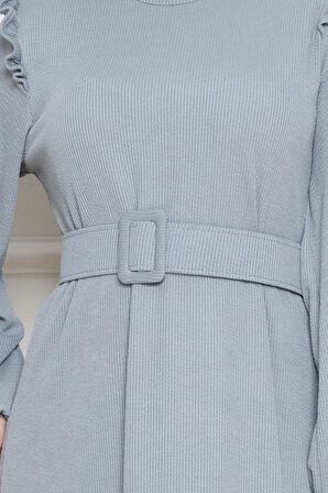 Omuzu Fırfır Kemerli Elbise-Gri