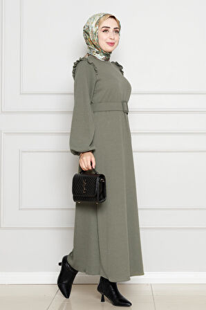 Omuzu Fırfır Kemerli Elbise-Haki