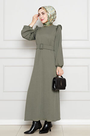 Omuzu Fırfır Kemerli Elbise-Haki